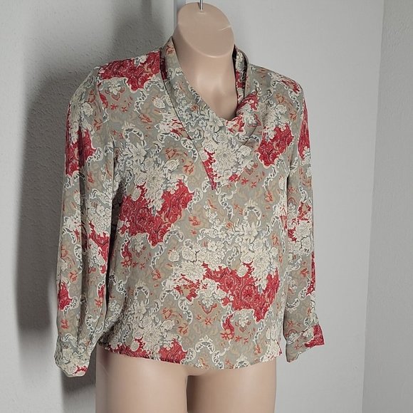 Lauren Lee Vintage Button Up Collared Blouse ~ Sz 14 ~ Long Sleeve ~ Red & Gray - Picture 2 of 4